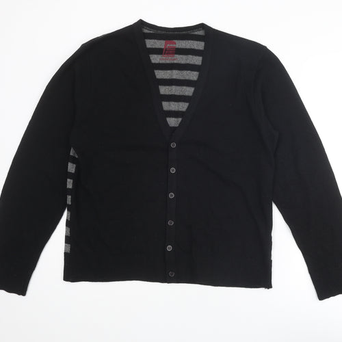 Clockhouse Mens Black V-Neck Striped Cotton Cardigan Jumper Size L Long Sleeve
