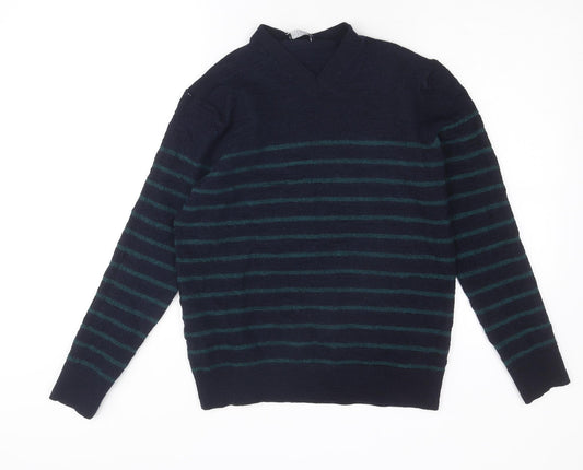 Gap Mens Blue V-Neck Striped Wool Pullover Jumper Size XL Long Sleeve
