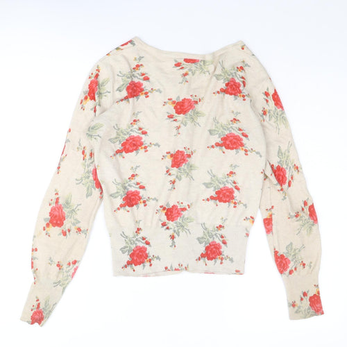 New Look Womens Beige Round Neck Floral Cotton Cardigan Jumper Size 14