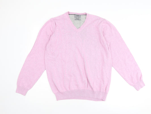 Marks and Spencer Mens Pink V-Neck Cotton Pullover Jumper Size L Long Sleeve