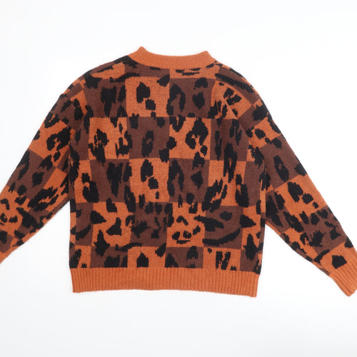 Warehouse Womens Orange Round Neck Geometric Acrylic Pullover Jumper Size S - Checkered Leopard Print