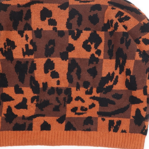 Warehouse Womens Orange Round Neck Geometric Acrylic Pullover Jumper Size S - Checkered Leopard Print