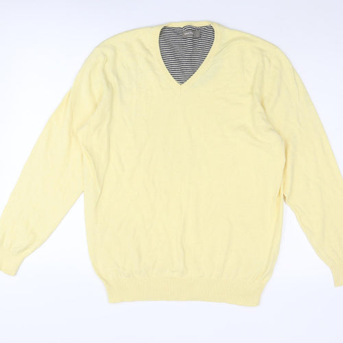 Samuel Windsor Mens Yellow V-Neck Cotton Pullover Jumper Size L Long Sleeve