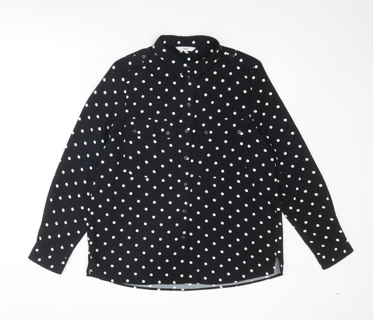 NEXT Womens Black Polka Dot Polyester Basic Button-Up Size 12 Collared