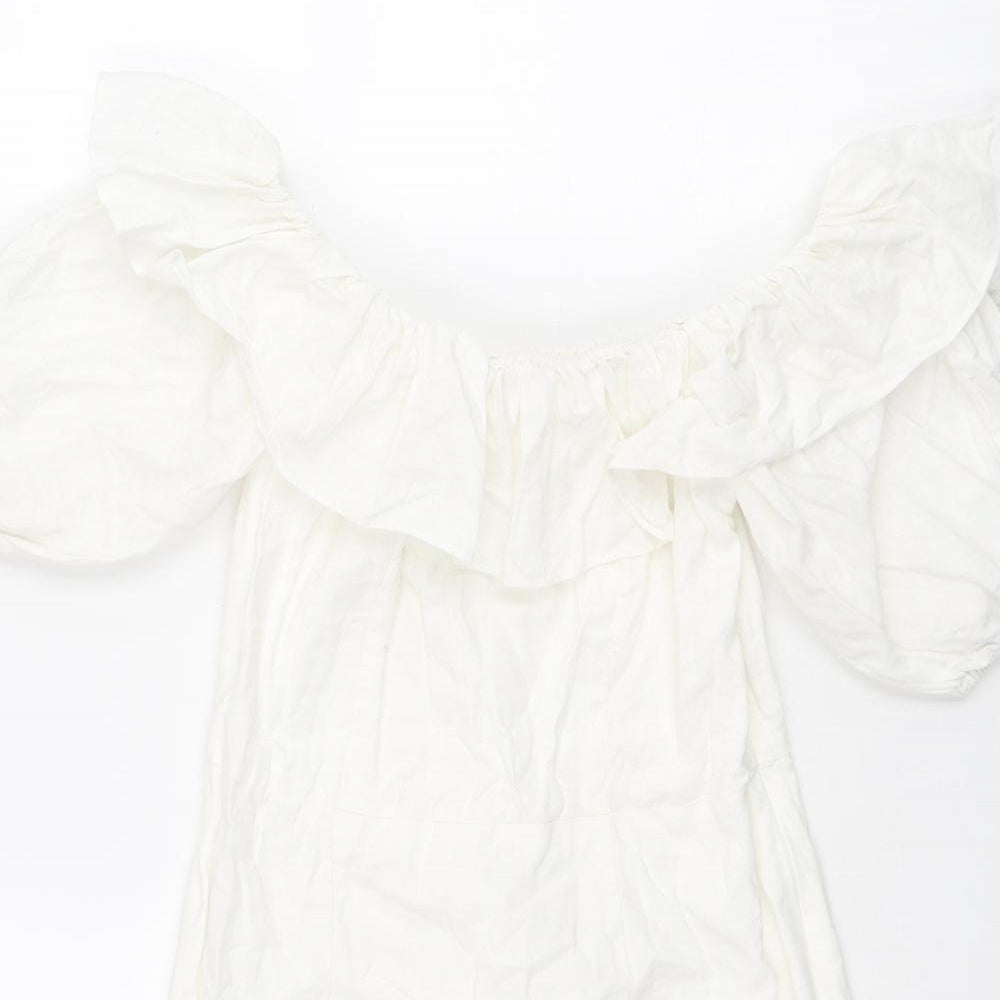 H&M Womens White Linen A-Line Size 10 Off the Shoulder Zip