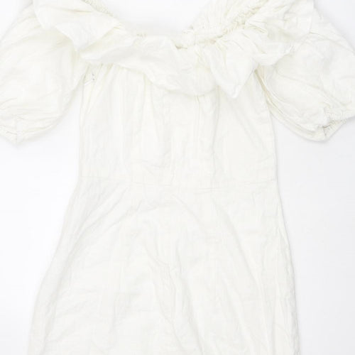 H&M Womens White Linen A-Line Size 10 Off the Shoulder Zip