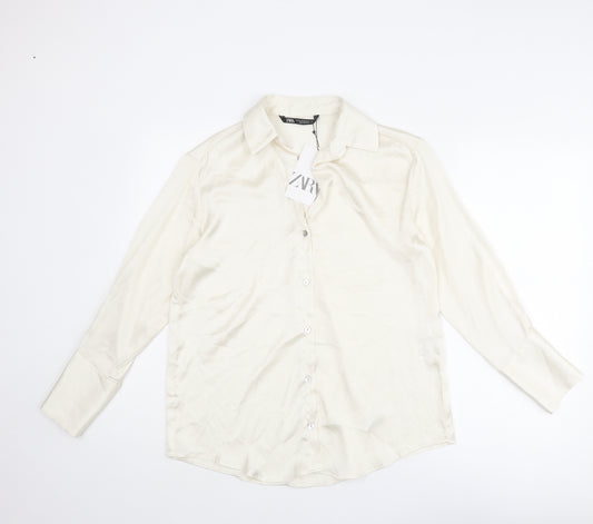 Zara Womens Ivory Polyester Basic Button-Up Size XS Collared