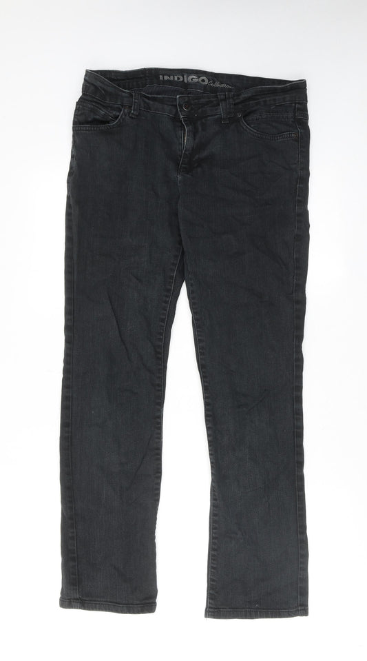 Indigo Womens Black Cotton Straight Jeans Size 14 Regular Zip