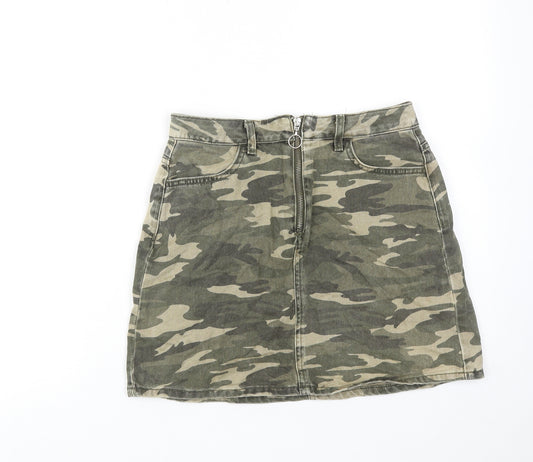 Denim & Co. Womens Green Camouflage Cotton Mini Skirt Size 8 Zip