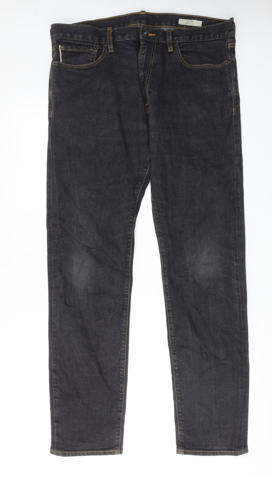 Marks and Spencer Mens Black Cotton Straight Jeans Size 36 in L33 in Slim Zip