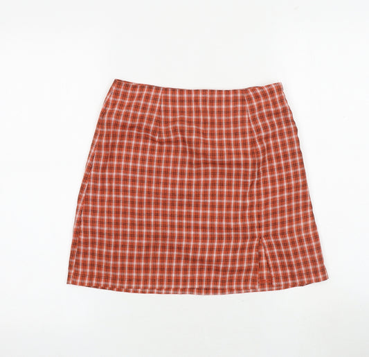 Princess Polly Womens Orange Plaid Polyester A-Line Skirt Size 8 Zip