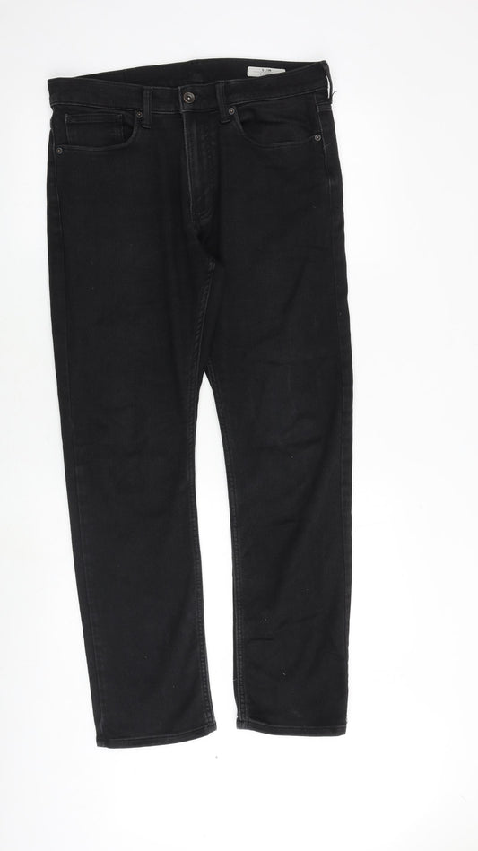 Marks and Spencer Mens Black Cotton Straight Jeans Size 32 in L31 in Slim Zip