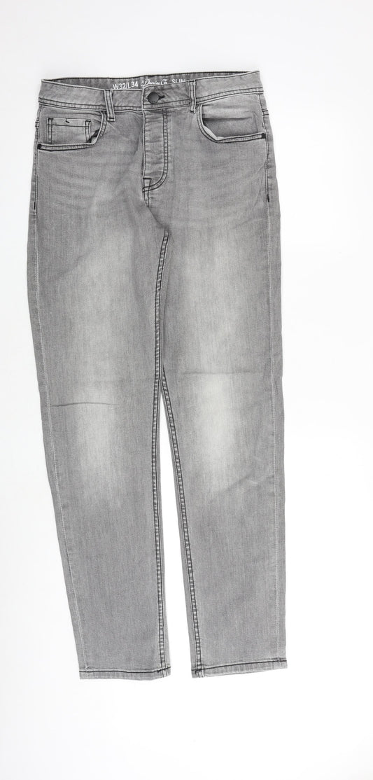 Denim & Co. Mens Grey Cotton Straight Jeans Size 32 in L34 in Slim Button