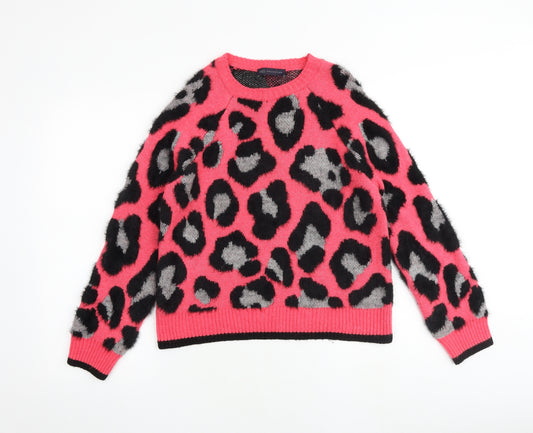 Marks and Spencer Womens Pink Round Neck Animal Print Acrylic Pullover Jumper Size S - Leopard Print