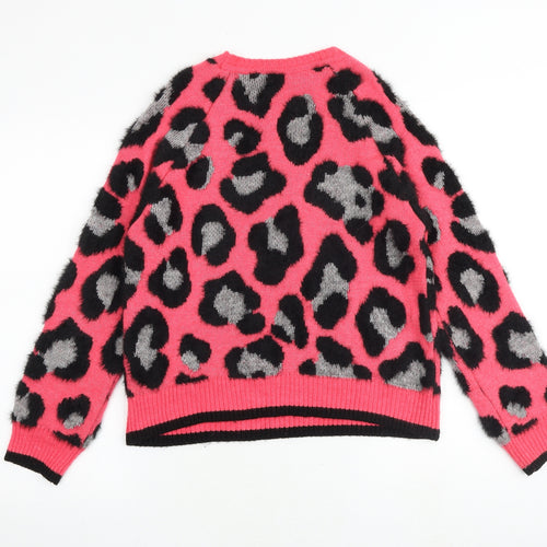 Marks and Spencer Womens Pink Round Neck Animal Print Acrylic Pullover Jumper Size S - Leopard Print