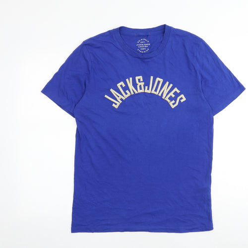 JACK & JONES Mens Blue Cotton T-Shirt Size M Round Neck