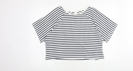 H&M Womens Blue Striped Cotton Cropped T-Shirt Size L Round Neck