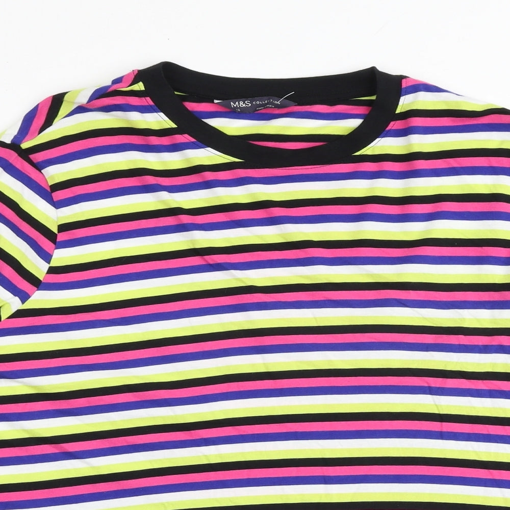 Marks and Spencer Womens Multicoloured Striped 100% Cotton Basic T-Shirt Size 16 Round Neck