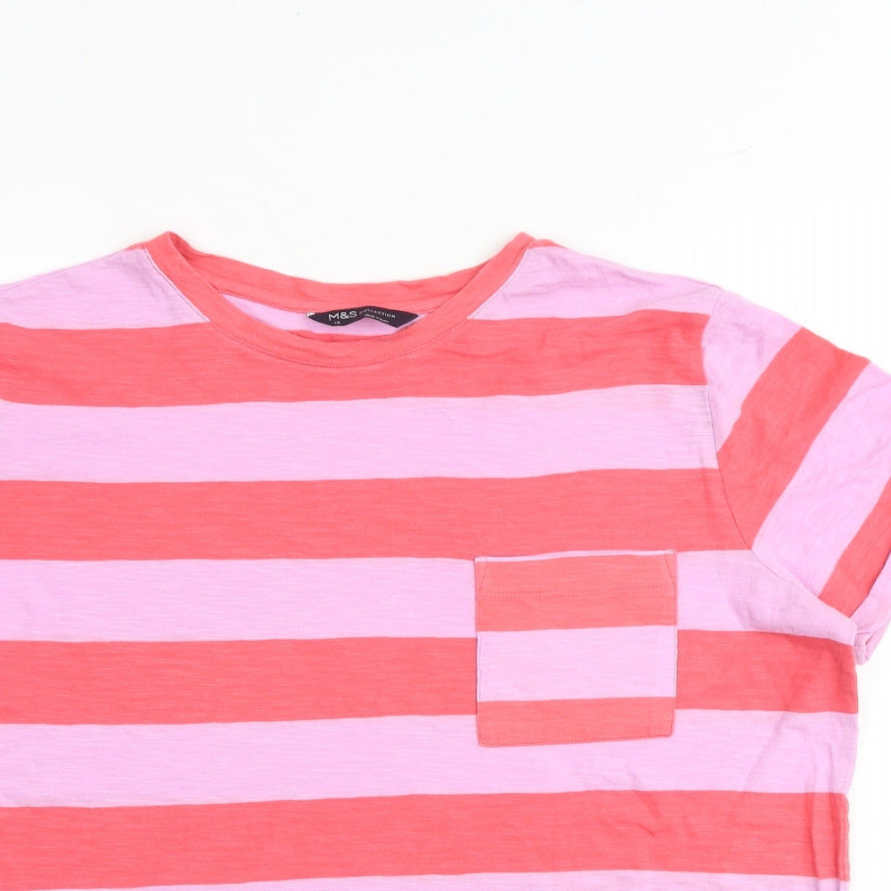 Marks and Spencer Womens Multicoloured Striped 100% Cotton Basic T-Shirt Size 14 Round Neck