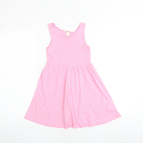 H&M Girls Pink Polka Dot 100% Cotton A-Line Size 5-6 Years Round Neck Pullover