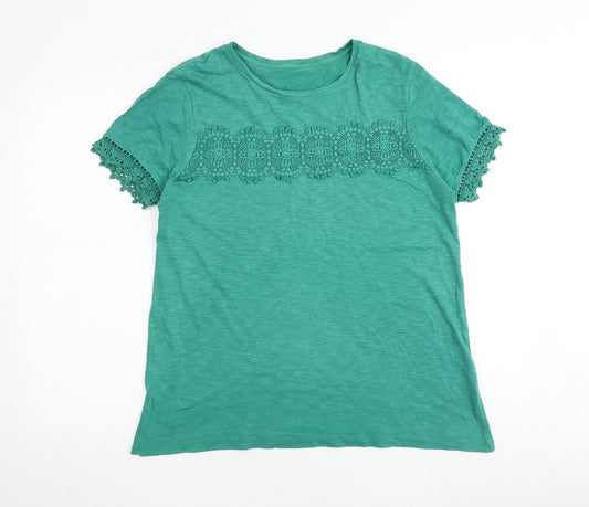 Marks and Spencer Womens Green 100% Cotton Basic T-Shirt Size 14 Round Neck - Crochet Detail
