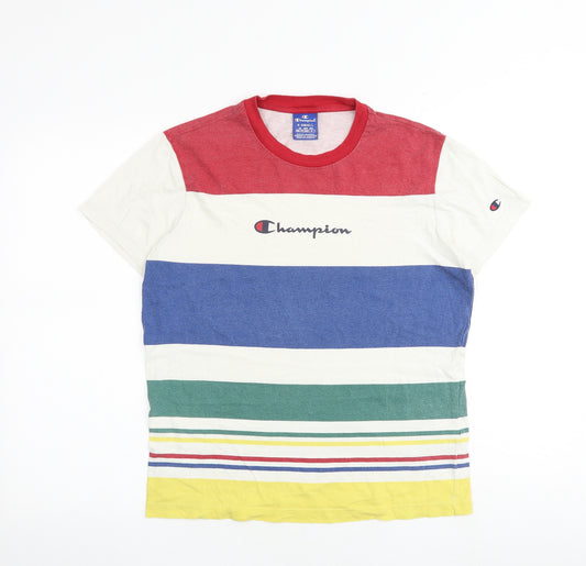 Champion Boys Multicoloured Striped 100% Cotton Basic T-Shirt Size XS Round Neck Pullover