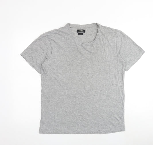 Zara Mens Grey Cotton T-Shirt Size L Round Neck