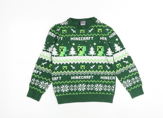 Mojang Boys Green Round Neck Fair Isle 100% Cotton Pullover Jumper Size 11-12 Years Pullover - Minecraft Christmas