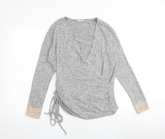 NEXT Womens Grey Geometric Polyester Basic Blouse Size 14 V-Neck - Lace Sleeve Detail