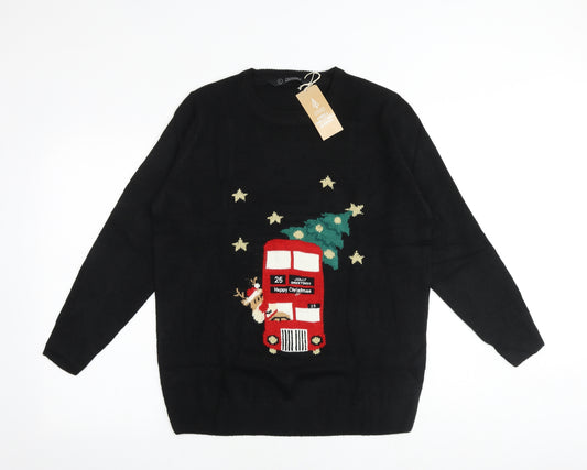 Avenue Womens Black Round Neck Acrylic Pullover Jumper Size L - Double Decker Bus Christmas