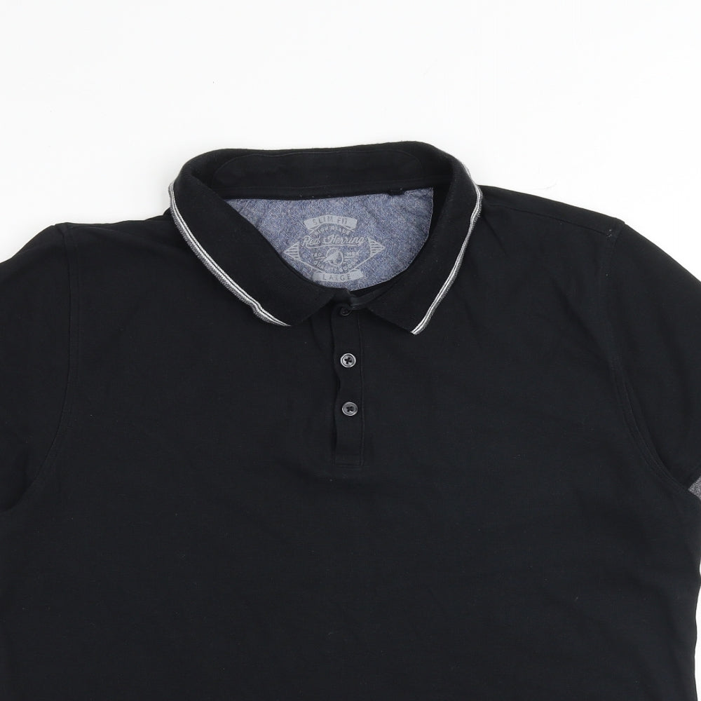 Red Herring Mens Black 100% Cotton Polo Size L Collared Button