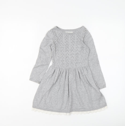 H&M Girls Grey Cotton Jumper Dress Size 3-4 Years Round Neck Pullover
