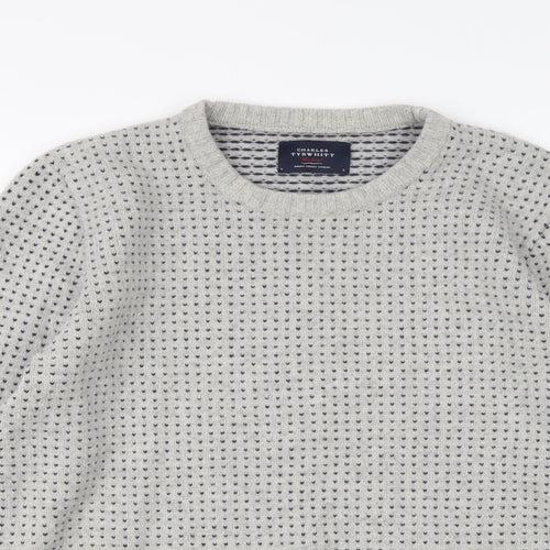 Charles Tyrwhitt Mens Grey Round Neck Geometric Wool Pullover Jumper Size L Long Sleeve