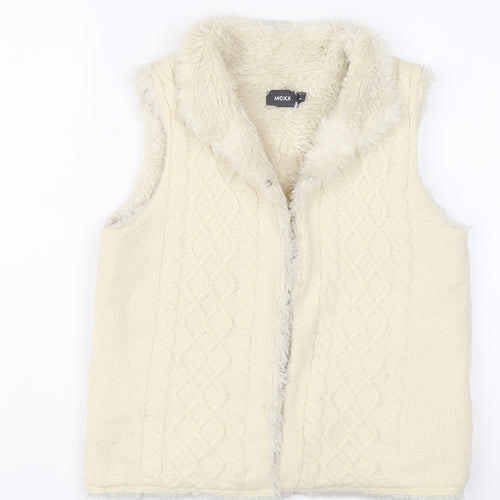 Mexx Womens Ivory Wool Gilet Coatigan Size M Hook & Eye - Cable Knit
