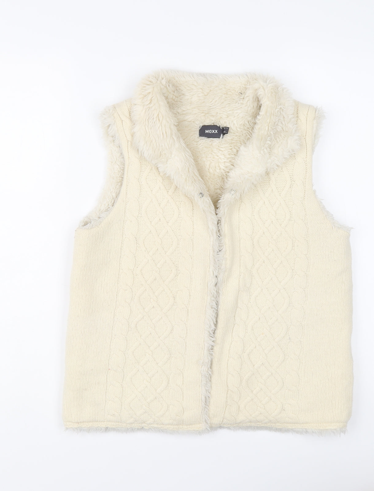 Mexx Womens Ivory Wool Gilet Coatigan Size M Hook & Eye - Cable Knit