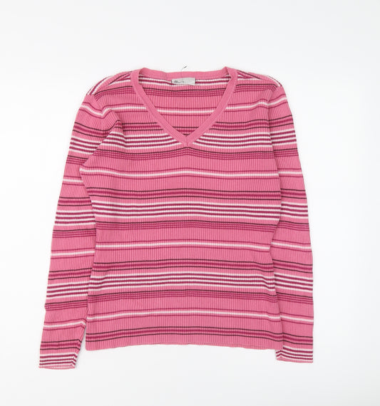 BHS Womens Pink V-Neck Striped Cotton Pullover Jumper Size 12
