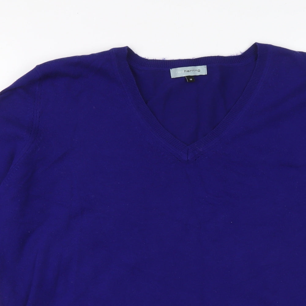 Red Herring Womens Blue V-Neck Cotton Pullover Jumper Size 18