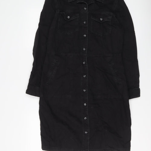 M&Co Womens Black Cotton Shirt Dress Size 10 Collared Button