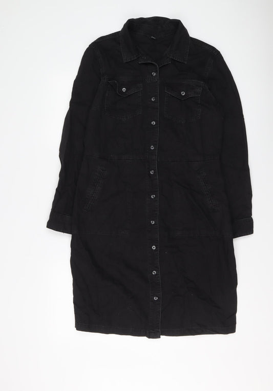 M&Co Womens Black Cotton Shirt Dress Size 10 Collared Button