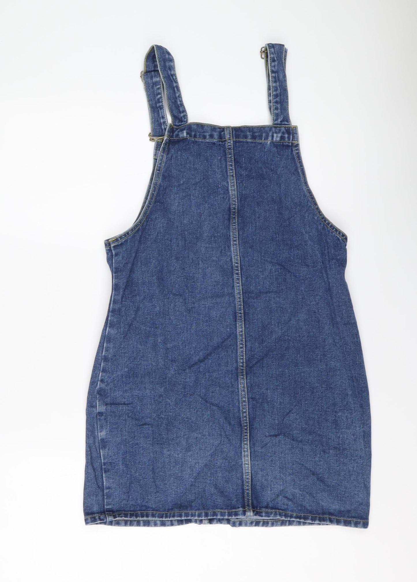 Denim & Co. Womens Blue Cotton Pinafore/Dungaree Dress Size 10 Square Neck Buckle