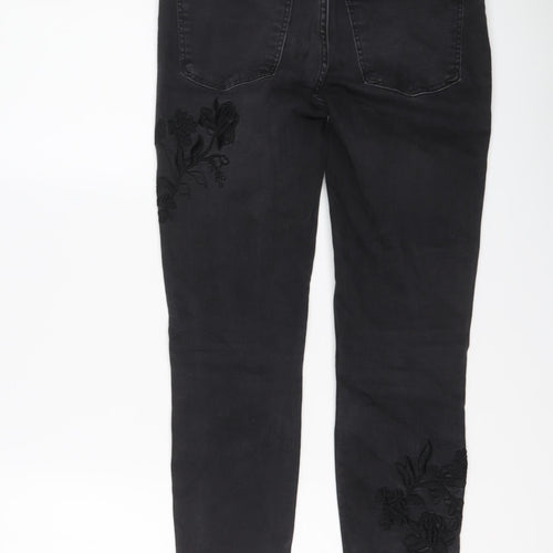 Zara Womens Black Cotton Skinny Jeans Size 8 L25 in Regular Button - Flower detail