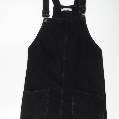 New Look Womens Black Cotton Pinafore/Dungaree Dress Size 6 Square Neck Buckle