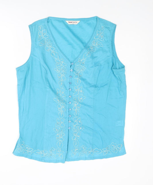 Bonmarché Womens Blue Cotton Basic Button-Up Size 16 V-Neck