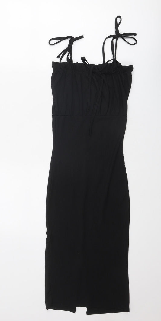 PRETTYLITTLETHING Womens Black Polyester Slip Dress Size 4 Square Neck Tie