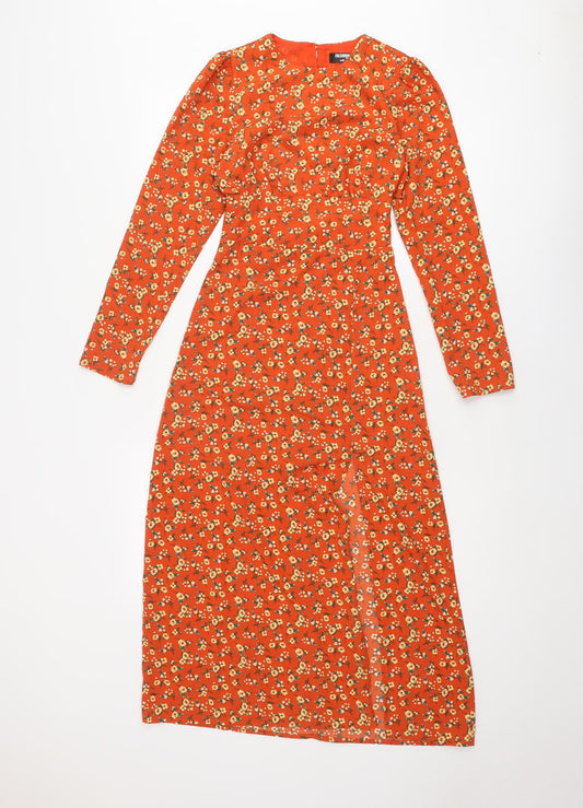 Fashion Union Womens Orange Floral Polyester A-Line Size 4 Round Neck Zip