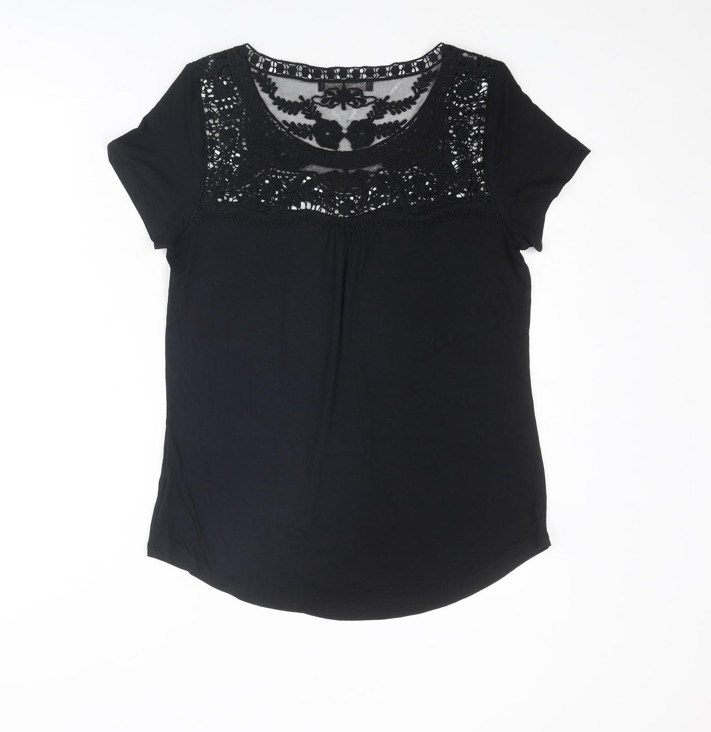 Marks and Spencer Womens Black Viscose Basic T-Shirt Size 10 Round Neck - Lace Details