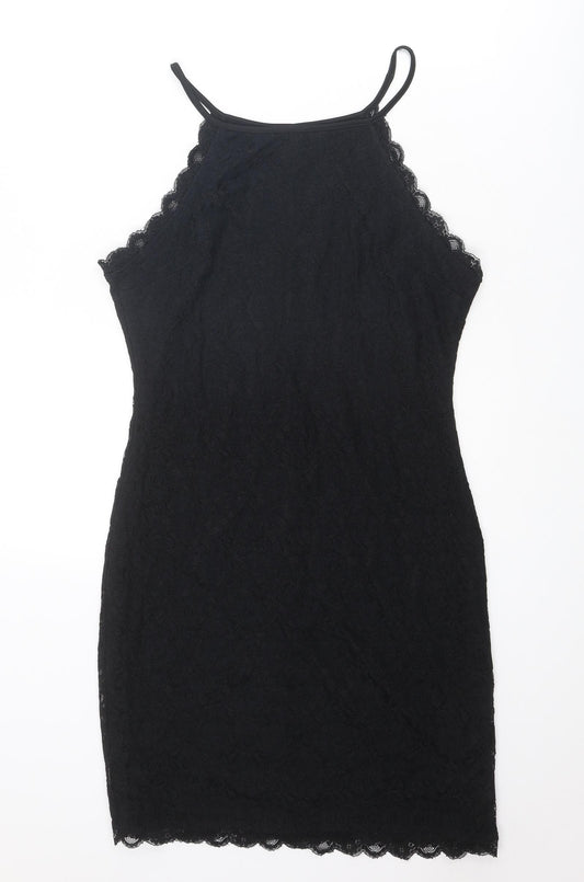 New Look Womens Black Geometric Nylon Slip Dress Size 12 Round Neck Pullover