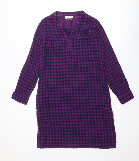 John Lewis Womens Purple Check Cotton Shirt Dress Size 14 V-Neck Button