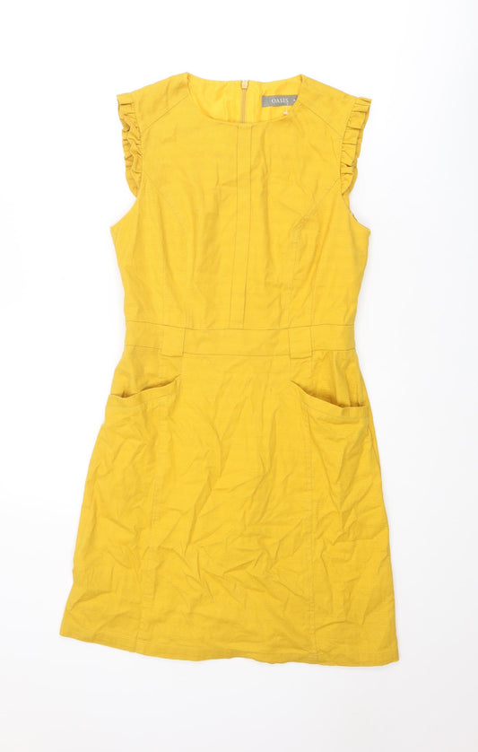 Oasis Womens Yellow Cotton Shift Size 10 Round Neck Zip