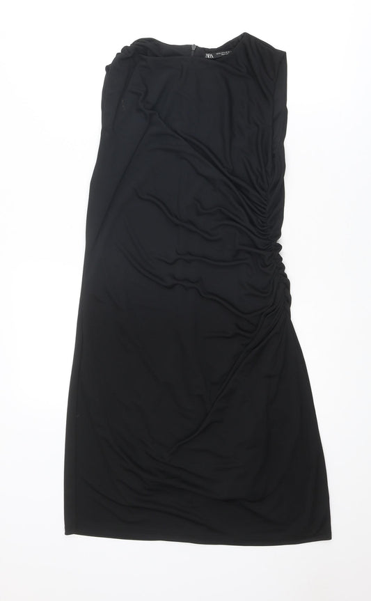 Zara Womens Black Polyester A-Line Size XL Boat Neck Zip